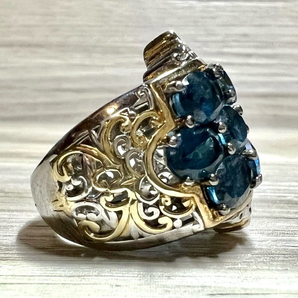 Gems En Vogue Three-Row London Blue Topaz Wide Band Cluster Ring, Size 5 - Picture 5 of 11